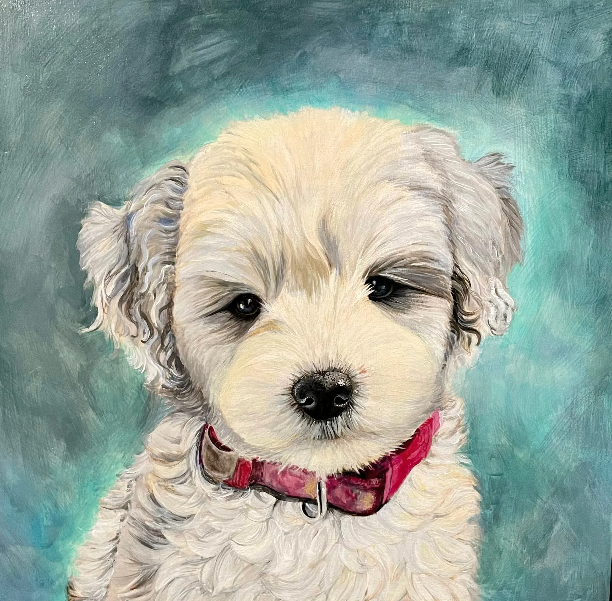Acrylic painting of a white and brown dog looking at the viewer.