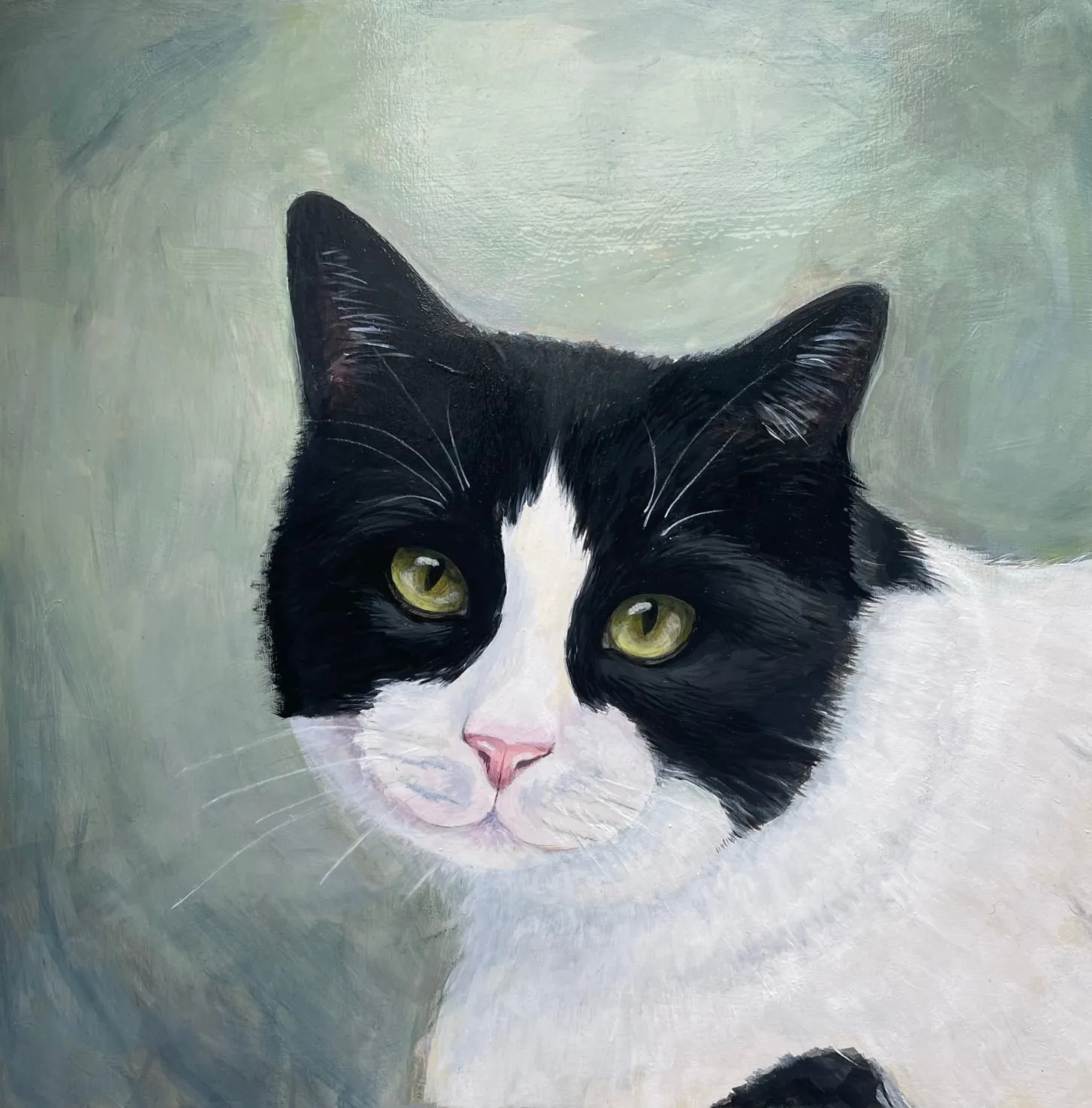 Acrylic painting of a black and white cat named Max with a thoughtful expression.