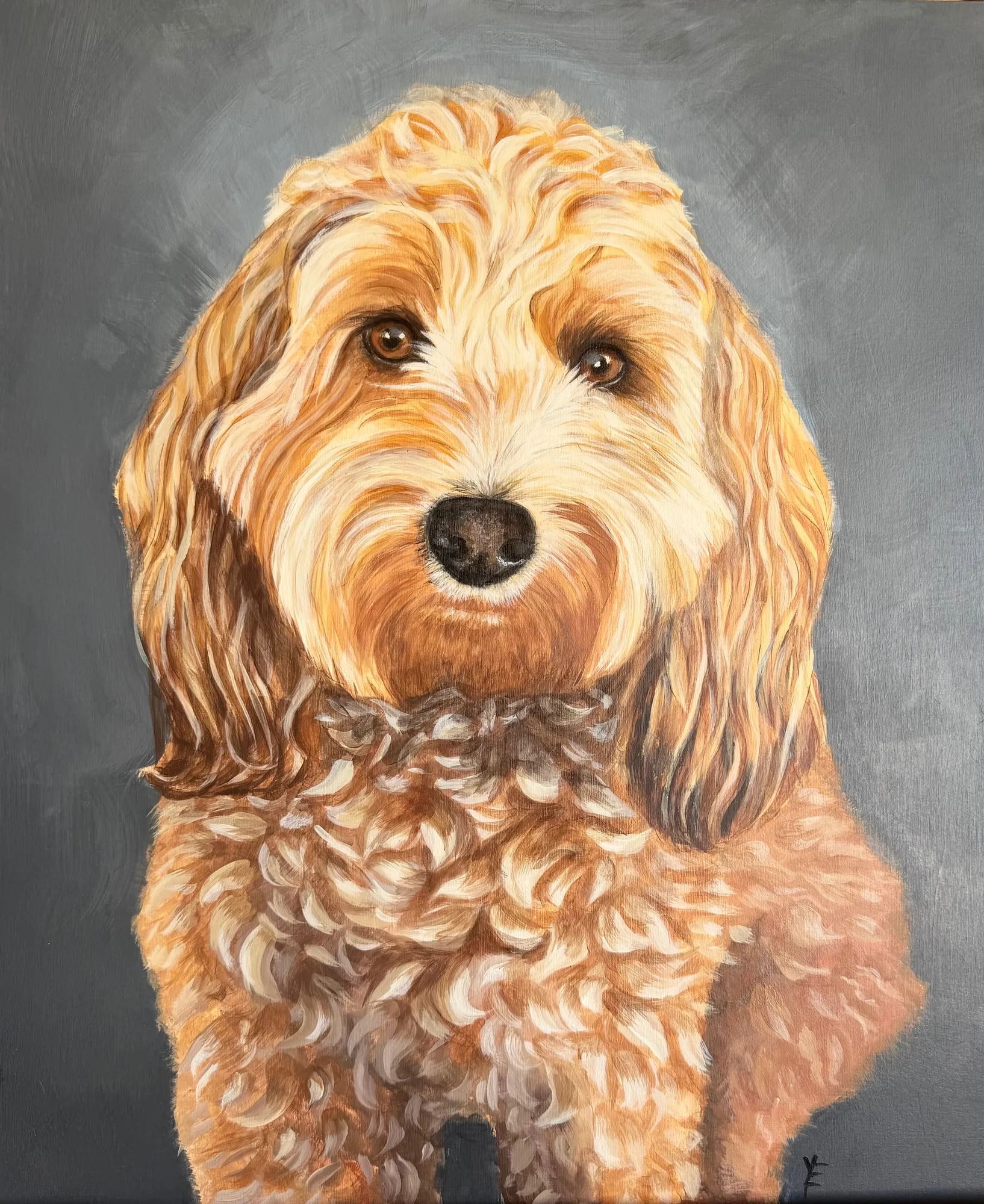 Acrylic painting of a brown and white dog named Ruby with floppy ears.